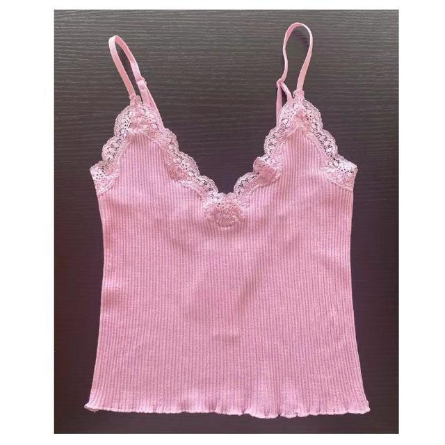 新品 stradivarius 胸元レースキャミ Vネック リブ編みキャミソール ピンク < 女性ファッション  新品 stradivarius 胸元レースキャミ Vネック リブ編みキャミソール ピンク  < 女性ファッションの
