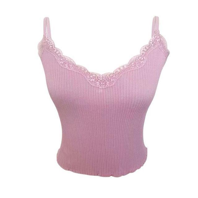 新品 stradivarius 胸元レースキャミ Vネック リブ編みキャミソール ピンク < 女性ファッション  新品 stradivarius 胸元レースキャミ Vネック リブ編みキャミソール ピンク < 女性ファッションの