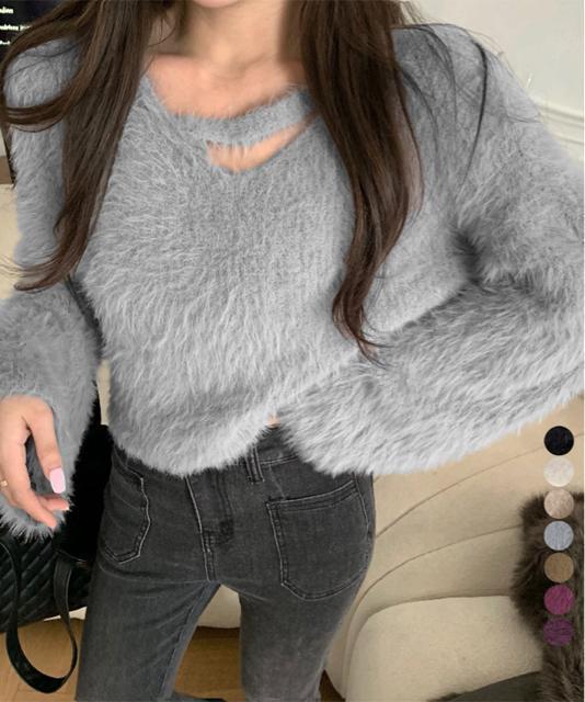 送料無料 新品 クロップド丈シャギーニット Vネック長袖 < 女性ファッション  送料無料 新品 クロップド丈シャギーニット Vネック長袖  < 女性ファッションの