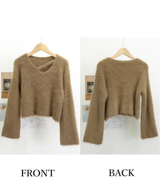 送料無料 新品 クロップド丈シャギーニット Vネック長袖 < 女性ファッション  送料無料 新品 クロップド丈シャギーニット Vネック長袖 < 女性ファッションの