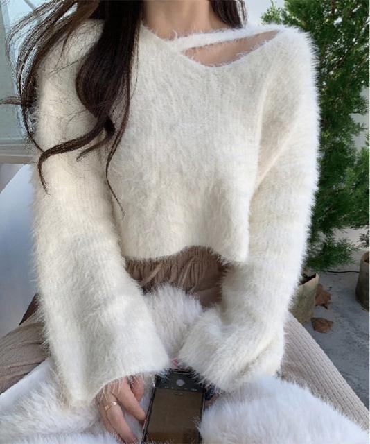 送料無料 新品 クロップド丈シャギーニット Vネック長袖 < 女性ファッション  送料無料 新品 クロップド丈シャギーニット Vネック長袖 < 女性ファッションの