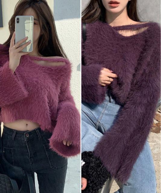 送料無料 新品 クロップド丈シャギーニット Vネック長袖 < 女性ファッション  送料無料 新品 クロップド丈シャギーニット Vネック長袖 < 女性ファッションの