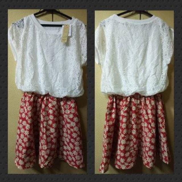 新品★レース切り替えワンピース/赤 < 女性ファッション  新品★レース切り替えワンピース/赤  < 女性ファッションの