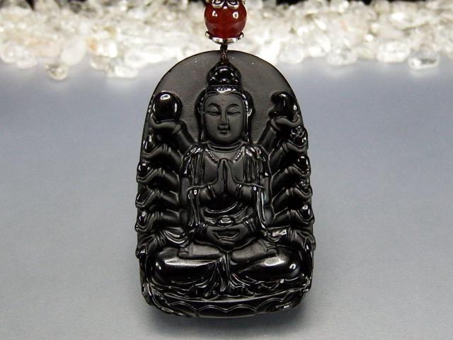 千手観音精工彫りオブシディアン天然石925銀付きネックレス < 女性アクセサリー/時計  千手観音精工彫りオブシディアン天然石925銀付きネックレス < 女性アクセサリー/時計の