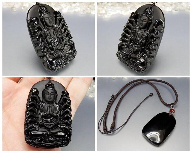 千手観音精工彫りオブシディアン天然石925銀付きネックレス < 女性アクセサリー/時計  千手観音精工彫りオブシディアン天然石925銀付きネックレス < 女性アクセサリー/時計の