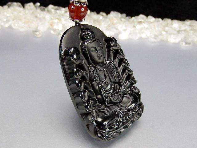 千手観音精工彫りオブシディアン天然石925銀付きネックレス < 女性アクセサリー/時計  千手観音精工彫りオブシディアン天然石925銀付きネックレス < 女性アクセサリー/時計の
