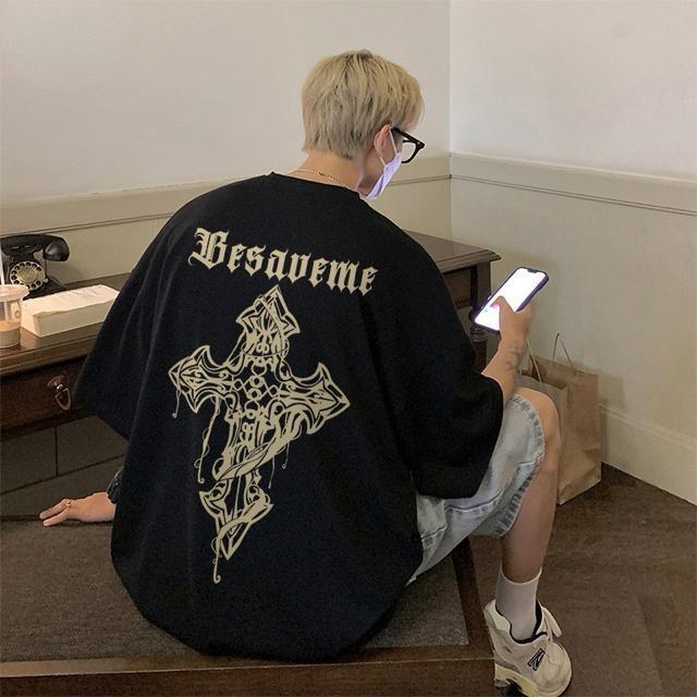 ゆったり 男女兼用 tシャツ  十字架柄 ブラック 大きいサイズ < 女性ファッション  ゆったり 男女兼用 tシャツ  十字架柄 ブラック 大きいサイズ  < 女性ファッションの