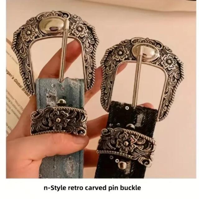 爆ヤス価格790円★ヴィンテージスタイルのベルト、レトロな彫刻されたピンバックル、刺繍のリベットのディテール 黒 < 女性ファッション  爆ヤス価格790円★ヴィンテージスタイルのベルト、レトロな彫刻されたピンバックル、刺繍のリベットのディテール 黒 < 女性ファッションの