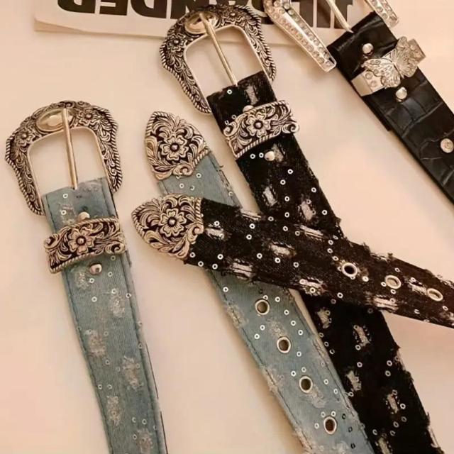 爆ヤス価格790円★ヴィンテージスタイルのベルト、レトロな彫刻されたピンバックル、刺繍のリベットのディテール 黒 < 女性ファッション  爆ヤス価格790円★ヴィンテージスタイルのベルト、レトロな彫刻されたピンバックル、刺繍のリベットのディテール 黒 < 女性ファッションの