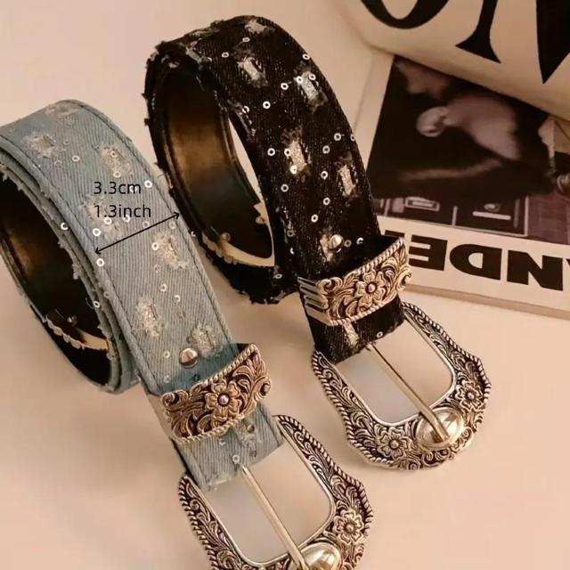 爆ヤス価格790円★ヴィンテージスタイルのベルト、レトロな彫刻されたピンバックル、刺繍のリベットのディテール 黒 < 女性ファッション  爆ヤス価格790円★ヴィンテージスタイルのベルト、レトロな彫刻されたピンバックル、刺繍のリベットのディテール 黒 < 女性ファッションの