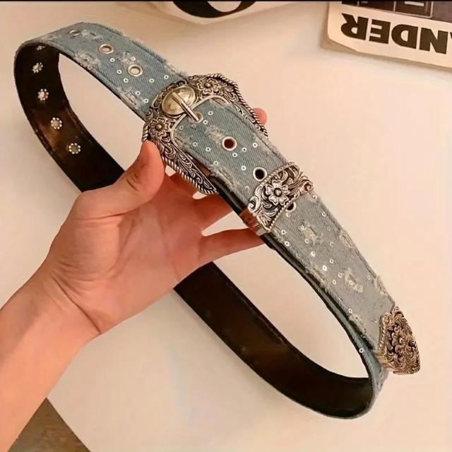 爆ヤス価格790円★ヴィンテージスタイルのベルト、レトロな彫刻されたピンバックル、刺繍のリベットのディテール 黒 < 女性ファッション  爆ヤス価格790円★ヴィンテージスタイルのベルト、レトロな彫刻されたピンバックル、刺繍のリベットのディテール 黒 < 女性ファッションの