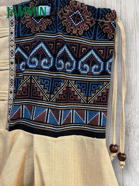 モン族刺繍柄生地付きサルエル忍者パンツ ベージュ アジアン エスニック 個性派 < 男性ファッション モン族刺繍柄生地付きサルエル忍者パンツ ベージュ アジアン エスニック 個性派 < 男性ファッションの