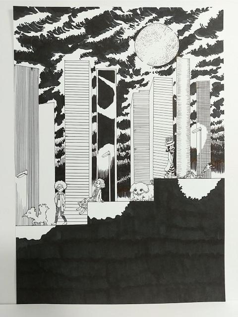 オリジナルイラスト 手描きイラスト ビルディング 星 雲 ハンドメイド 絵 原画 アナログ アート モノクロ 自作 白黒 art < アニメ/コミック/キャラクター  オリジナルイラスト 手描きイラスト ビルディング 星 雲 ハンドメイド 絵 原画 アナログ アート モノクロ 自作 白黒 art  < アニメ/コミック/キャラクターの