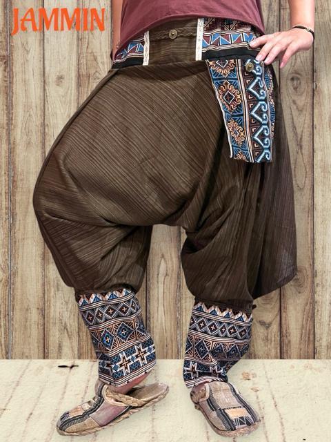 モン族刺繍柄生地付きサルエル忍者パンツ ブラウン エスニック アジアン ヒッピー < 男性ファッション モン族刺繍柄生地付きサルエル忍者パンツ ブラウン エスニック アジアン ヒッピー < 男性ファッションの