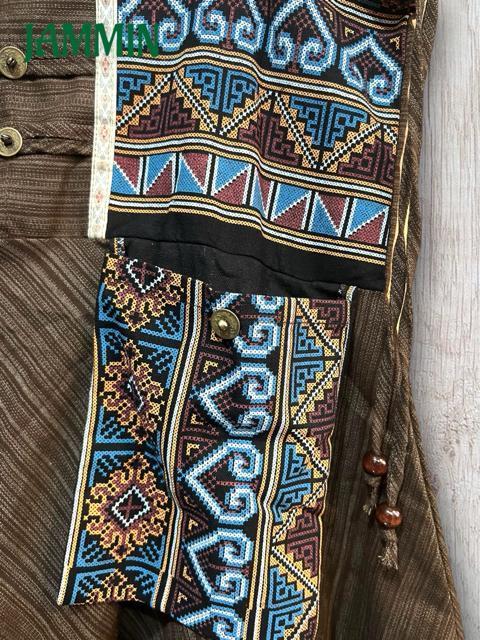 モン族刺繍柄生地付きサルエル忍者パンツ ブラウン エスニック アジアン ヒッピー < 男性ファッション モン族刺繍柄生地付きサルエル忍者パンツ ブラウン エスニック アジアン ヒッピー < 男性ファッションの