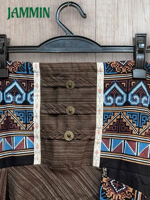 モン族刺繍柄生地付きサルエル忍者パンツ ブラウン エスニック アジアン ヒッピー < 男性ファッション モン族刺繍柄生地付きサルエル忍者パンツ ブラウン エスニック アジアン ヒッピー < 男性ファッションの