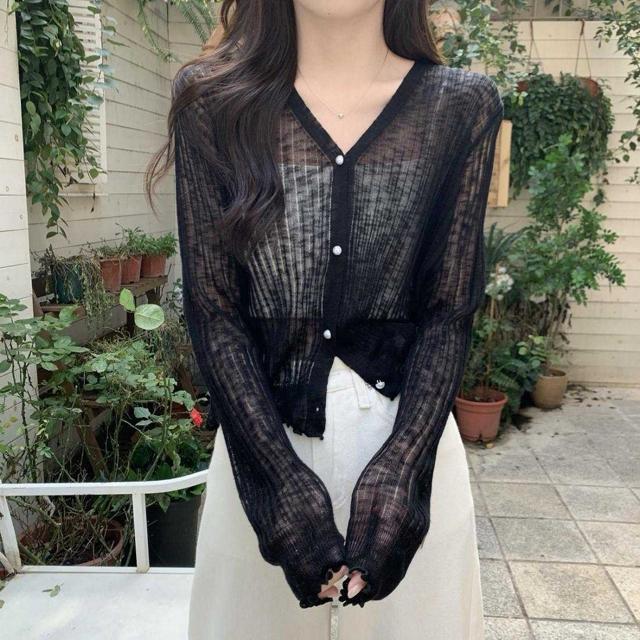 UV対策!パールボタン シアーカーディガン【新品】Fフリー 黒ブラック●韓国ファッション < 女性ファッション UV対策!パールボタン シアーカーディガン【新品】Fフリー 黒ブラック●韓国ファッション < 女性ファッションの