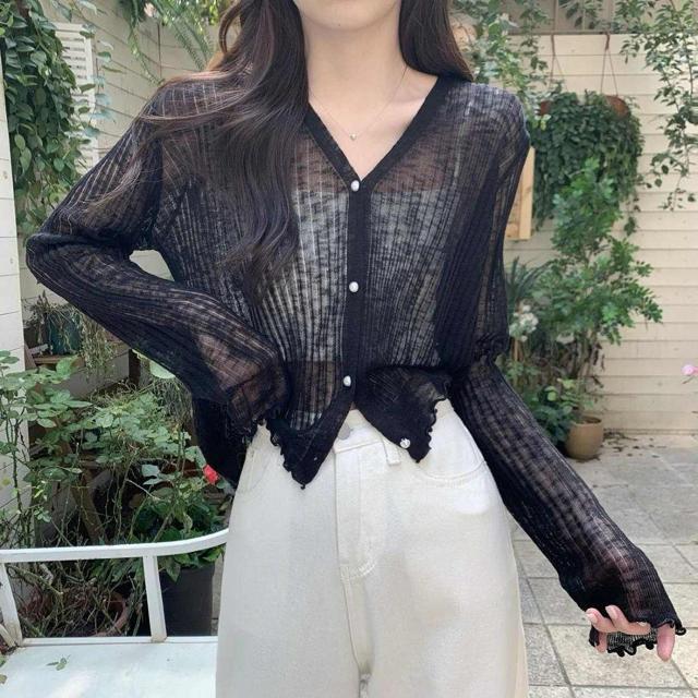 UV対策!パールボタン シアーカーディガン【新品】Fフリー 黒ブラック●韓国ファッション < 女性ファッション UV対策!パールボタン シアーカーディガン【新品】Fフリー 黒ブラック●韓国ファッション < 女性ファッションの