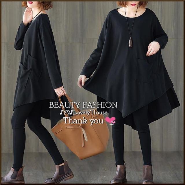 〜4L5L*アシンメトリーWポケットドルマンチュニック*黒 < 女性ファッション 〜4L5L*アシンメトリーWポケットドルマンチュニック*黒 < 女性ファッションの