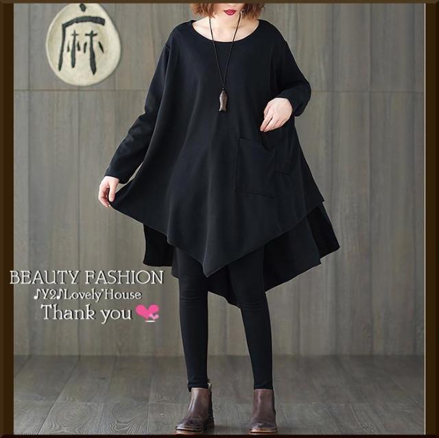 〜4L5L*アシンメトリーWポケットドルマンチュニック*黒 < 女性ファッション 〜4L5L*アシンメトリーWポケットドルマンチュニック*黒 < 女性ファッションの