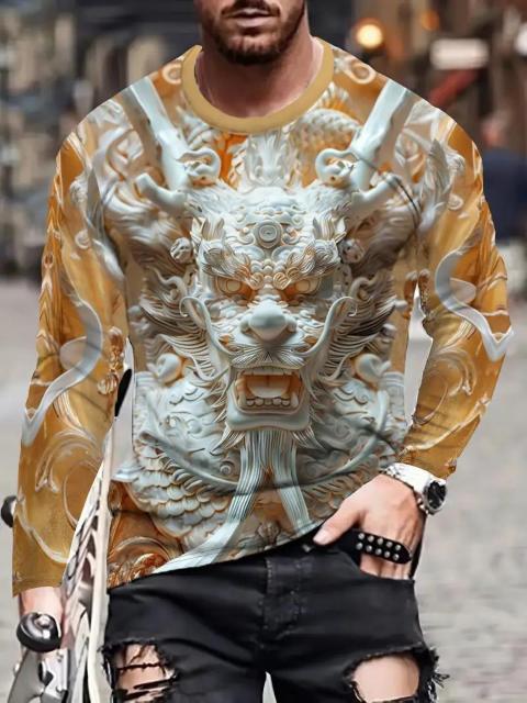 超特価1490円★メンズ 3D ドラゴン プリント 長袖 クルーネック Tシャツ 伸縮性 USAサイズM(日本サイズXL相当) < 男性ファッション  超特価1490円★メンズ 3D ドラゴン プリント 長袖 クルーネック Tシャツ 伸縮性 USAサイズM(日本サイズXL相当)  < 男性ファッションの