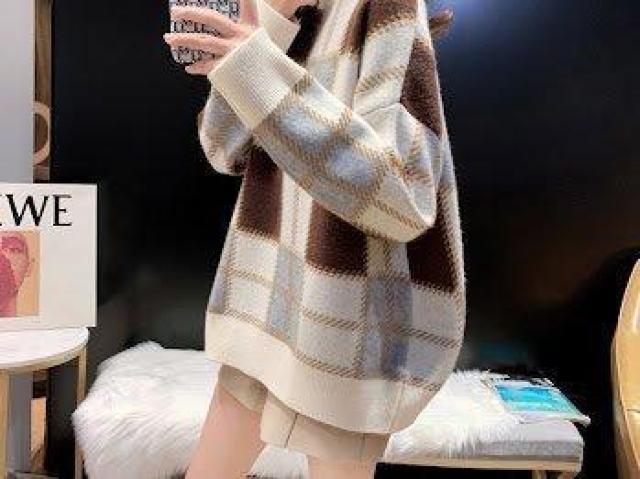 モックネック チェック ニット セーター トップス ハイネック ホワイト < 女性ファッション モックネック チェック ニット セーター トップス ハイネック ホワイト < 女性ファッションの