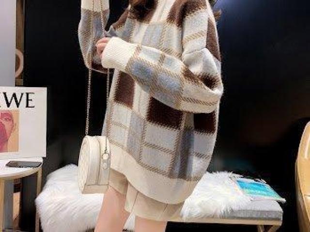 モックネック チェック ニット セーター トップス ハイネック ホワイト < 女性ファッション モックネック チェック ニット セーター トップス ハイネック ホワイト < 女性ファッションの