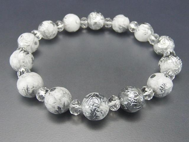 訳有AAホワイトターコイズ銀龍手彫り約10mm水晶ボタン天然石ブレスレット < 女性アクセサリー/時計  訳有AAホワイトターコイズ銀龍手彫り約10mm水晶ボタン天然石ブレスレット < 女性アクセサリー/時計の