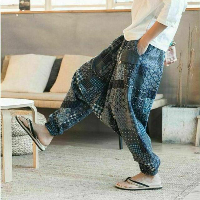 リネン 麻 麻柄 つぎはぎ エスニック柄 サルエルパンツ 和柄 青 < 男性ファッション  リネン 麻 麻柄 つぎはぎ エスニック柄 サルエルパンツ 和柄 青  < 男性ファッションの