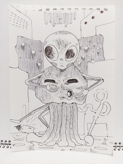 オリジナルイラスト 手描きイラスト タコ宇宙人とグレイくん ハンドメイド 絵 原画 アナログ アート モノクロ 自作 インテリア < アニメ/コミック/キャラクター  オリジナルイラスト 手描きイラスト タコ宇宙人とグレイくん ハンドメイド 絵 原画 アナログ アート モノクロ 自作 インテリア  < アニメ/コミック/キャラクターの