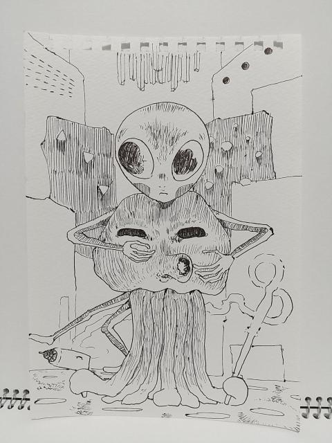 オリジナルイラスト 手描きイラスト タコ宇宙人とグレイくん ハンドメイド 絵 原画 アナログ アート モノクロ 自作 インテリア < アニメ/コミック/キャラクター  オリジナルイラスト 手描きイラスト タコ宇宙人とグレイくん ハンドメイド 絵 原画 アナログ アート モノクロ 自作 インテリア < アニメ/コミック/キャラクターの