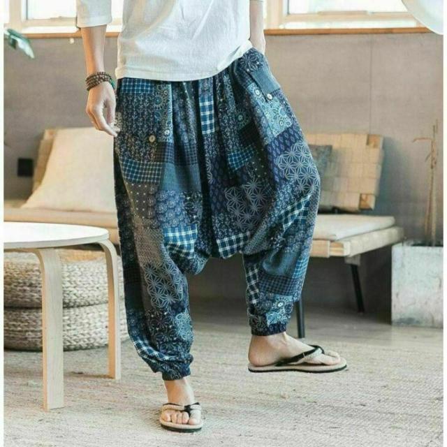 サルエルパンツ パッチワーク 和風 ネイビー イージーパンツ 部屋着 フェス 紺 < 男性ファッション  サルエルパンツ パッチワーク 和風 ネイビー イージーパンツ 部屋着 フェス 紺 < 男性ファッションの