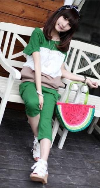 夏大人気!!ボーダーおしゃれ7分丈パンツ上下セット・グリーン < 女性ファッション  夏大人気!!ボーダーおしゃれ7分丈パンツ上下セット・グリーン < 女性ファッションの