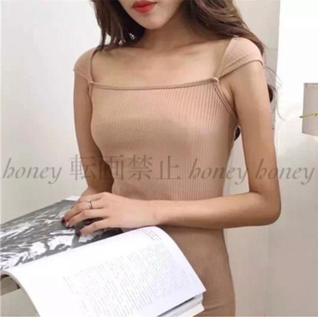 Luxury●カットオフリブニットタイトワンピース●Beigeベージュ●韓国ファッション < 女性ファッション  Luxury●カットオフリブニットタイトワンピース●Beigeベージュ●韓国ファッション < 女性ファッションの