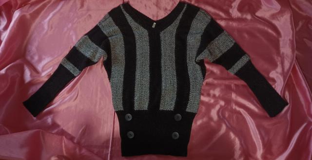 ★太ストライプ黒ブラック×杢グレー☆キラキララメ糸デカボタンお洒落可愛い♪長袖ドルマン両Vネックロングニットセーター < 女性ファッション  ★太ストライプ黒ブラック×杢グレー☆キラキララメ糸デカボタンお洒落可愛い♪長袖ドルマン両Vネックロングニットセーター < 女性ファッションの