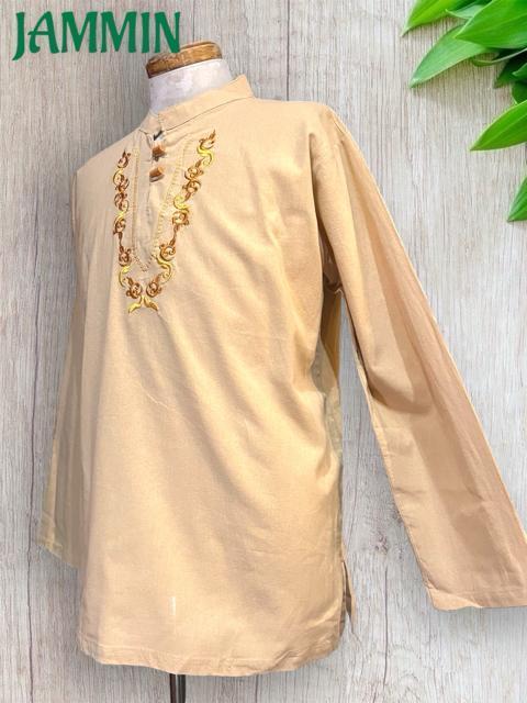 刺繍入りクルタ ベージュ エスニック ヒッピー アジアン 長袖 < 男性ファッション 刺繍入りクルタ ベージュ エスニック ヒッピー アジアン 長袖 < 男性ファッションの