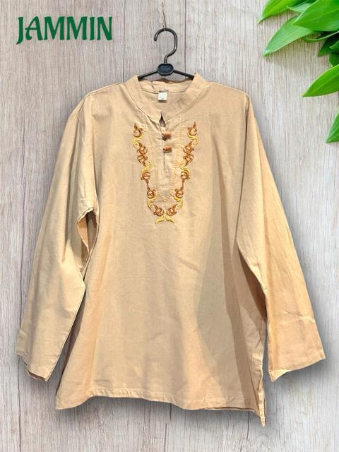 刺繍入りクルタ ベージュ エスニック ヒッピー アジアン 長袖 < 男性ファッション 刺繍入りクルタ ベージュ エスニック ヒッピー アジアン 長袖 < 男性ファッションの