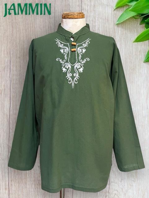 刺繍入りクルタ カーキ エスニック ヒッピー アジアン < 男性ファッション 刺繍入りクルタ カーキ エスニック ヒッピー アジアン < 男性ファッションの