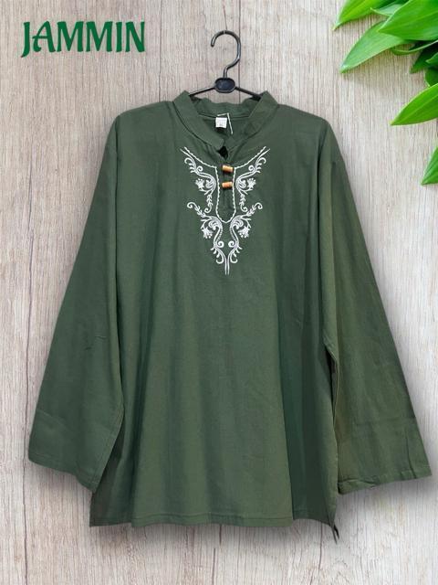 刺繍入りクルタ カーキ エスニック ヒッピー アジアン < 男性ファッション 刺繍入りクルタ カーキ エスニック ヒッピー アジアン < 男性ファッションの