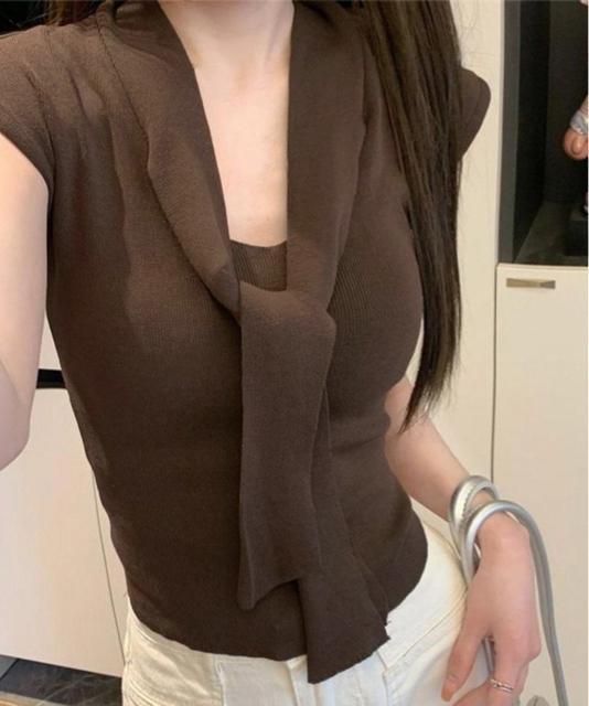 送料無料 新品 ボウタイサマーニット Vネックトップス < 女性ファッション  送料無料 新品 ボウタイサマーニット Vネックトップス < 女性ファッションの