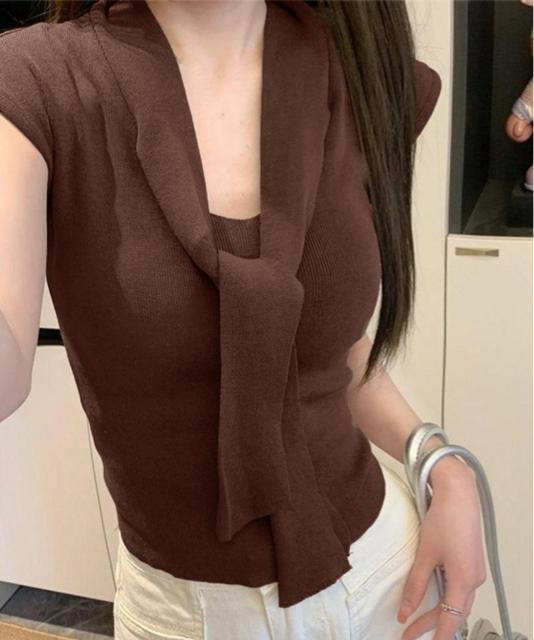 送料無料 新品 ボウタイサマーニット Vネックトップス < 女性ファッション  送料無料 新品 ボウタイサマーニット Vネックトップス < 女性ファッションの