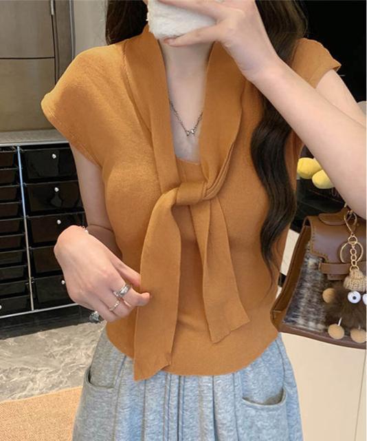 送料無料 新品 ボウタイサマーニット Vネックトップス < 女性ファッション  送料無料 新品 ボウタイサマーニット Vネックトップス < 女性ファッションの