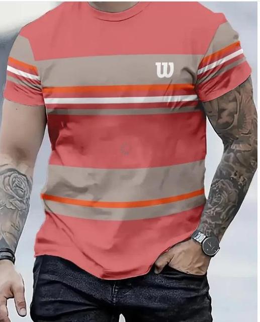 超お宝 690円★メンズスポーツTシャツ、ストライプの「W」ロゴラウンドネック半袖トップ USAサイズM(日本サイズXL相当) < 男性ファッション  超お宝 690円★メンズスポーツTシャツ、ストライプの「W」ロゴラウンドネック半袖トップ USAサイズM(日本サイズXL相当)  < 男性ファッションの