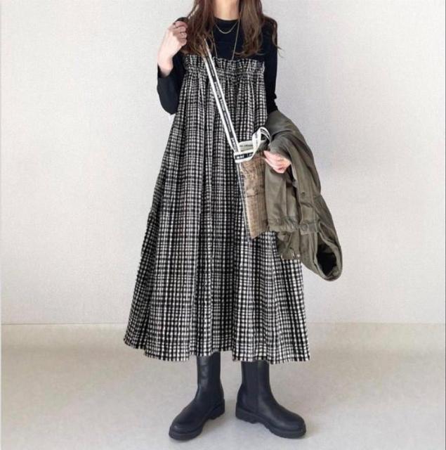 〜3L*重ね着風胸元ギャザーベアトップ風チェックワンヒ < 女性ファッション  〜3L*重ね着風胸元ギャザーベアトップ風チェックワンヒ < 女性ファッションの