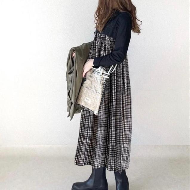 〜3L*重ね着風胸元ギャザーベアトップ風チェックワンヒ < 女性ファッション  〜3L*重ね着風胸元ギャザーベアトップ風チェックワンヒ < 女性ファッションの