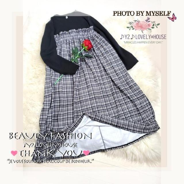 〜3L*重ね着風胸元ギャザーベアトップ風チェックワンヒ < 女性ファッション  〜3L*重ね着風胸元ギャザーベアトップ風チェックワンヒ < 女性ファッションの