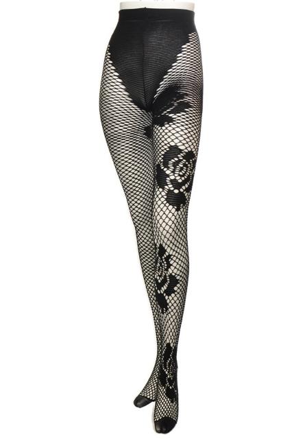 PINK&WHITE ローズ柄 フィッシュネット パンティホース ブラック < 女性ファッション  PINK&WHITE ローズ柄 フィッシュネット パンティホース ブラック  < 女性ファッションの