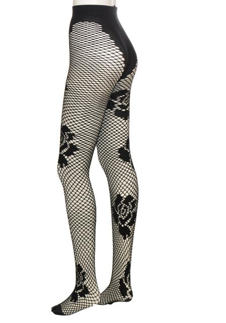 PINK&WHITE ローズ柄 フィッシュネット パンティホース ブラック < 女性ファッション  PINK&WHITE ローズ柄 フィッシュネット パンティホース ブラック < 女性ファッションの