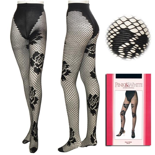 PINK&WHITE ローズ柄 フィッシュネット パンティホース ブラック < 女性ファッション  PINK&WHITE ローズ柄 フィッシュネット パンティホース ブラック < 女性ファッションの