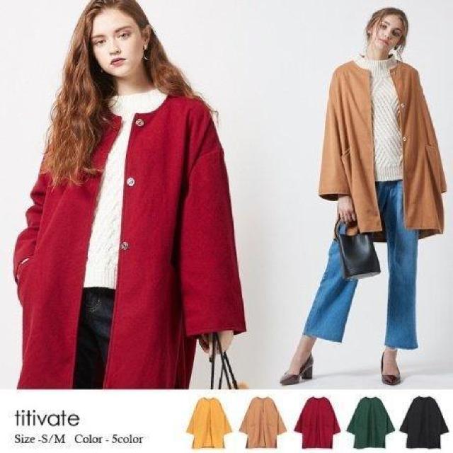 ティティベイト★ゆったりノーカラーコート★マスタード★M〜3L < 女性ファッション  ティティベイト★ゆったりノーカラーコート★マスタード★M〜3L < 女性ファッションの